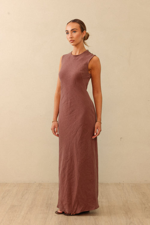 LINEN SLIP DRESS CHOC